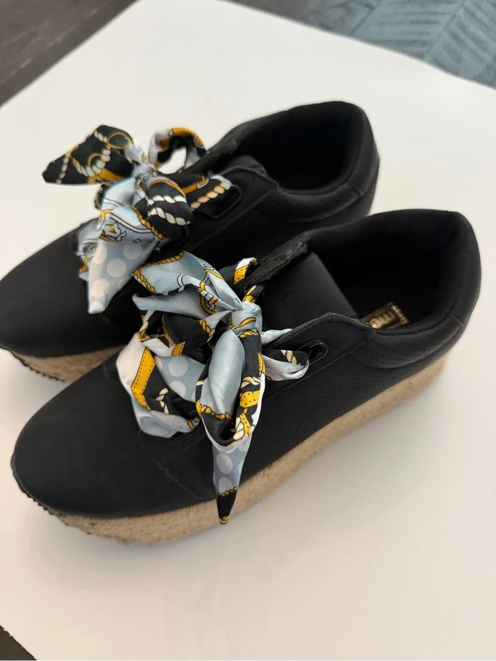 Menina Black Platform Espadrille Sneakers with Patterned Scarf Laces
